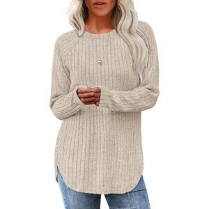 Women's Apricot Crewneck Long Sleeve Tunic Loose Sweaters Shirts Tops Clothes